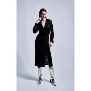 NWT!! ZARA Black Embellished Midi Dress Shirtdress Shirt Dress Twist Waist XS